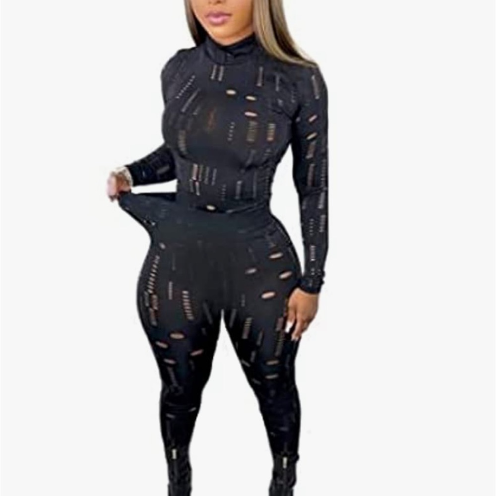 2 Piece Outfit,Black Stretchy Mesh Long Sleeve